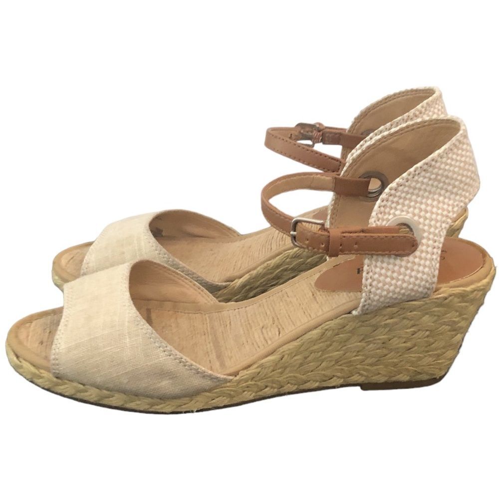 Lucky Brand Women’s Wedge Sandals Size 9 Beige Espadrille Ankle Strap Peep Toe - Picture 4 of 13